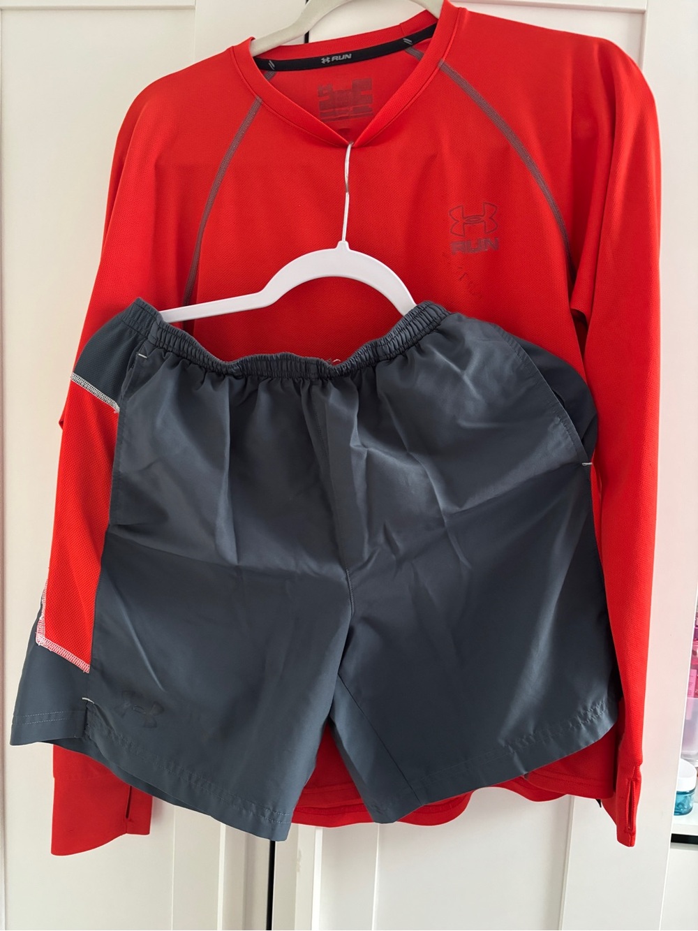Under Armour Men’s Red Long-Sleeve Top with Gray Athletic Shorts